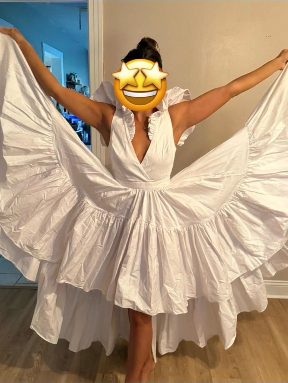 Making the Cut White Ruffled High-Low V-Neck Midi Dress